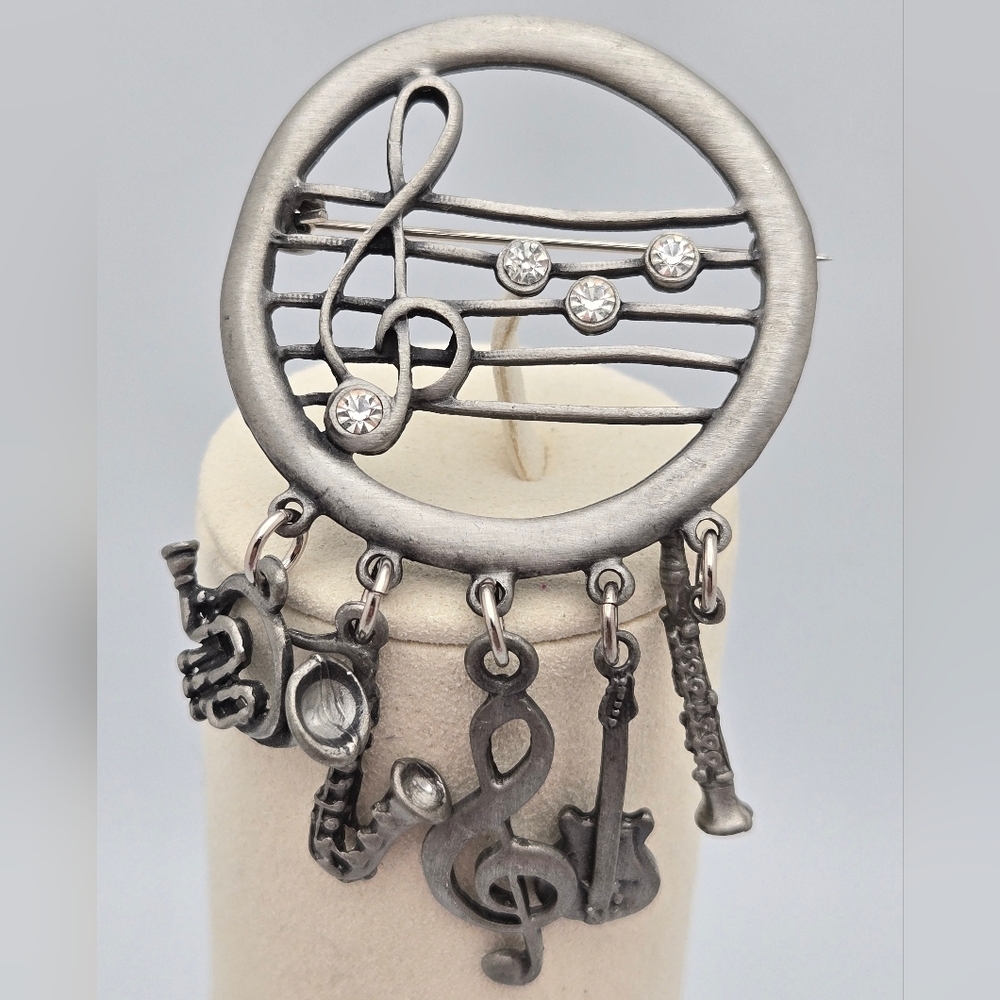 Pewter Musical Brooch Dangling Instruments Notes Figural Pin